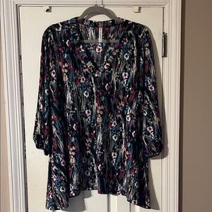 Black Floral V-Neck Tunic with Pink & Teal Accents